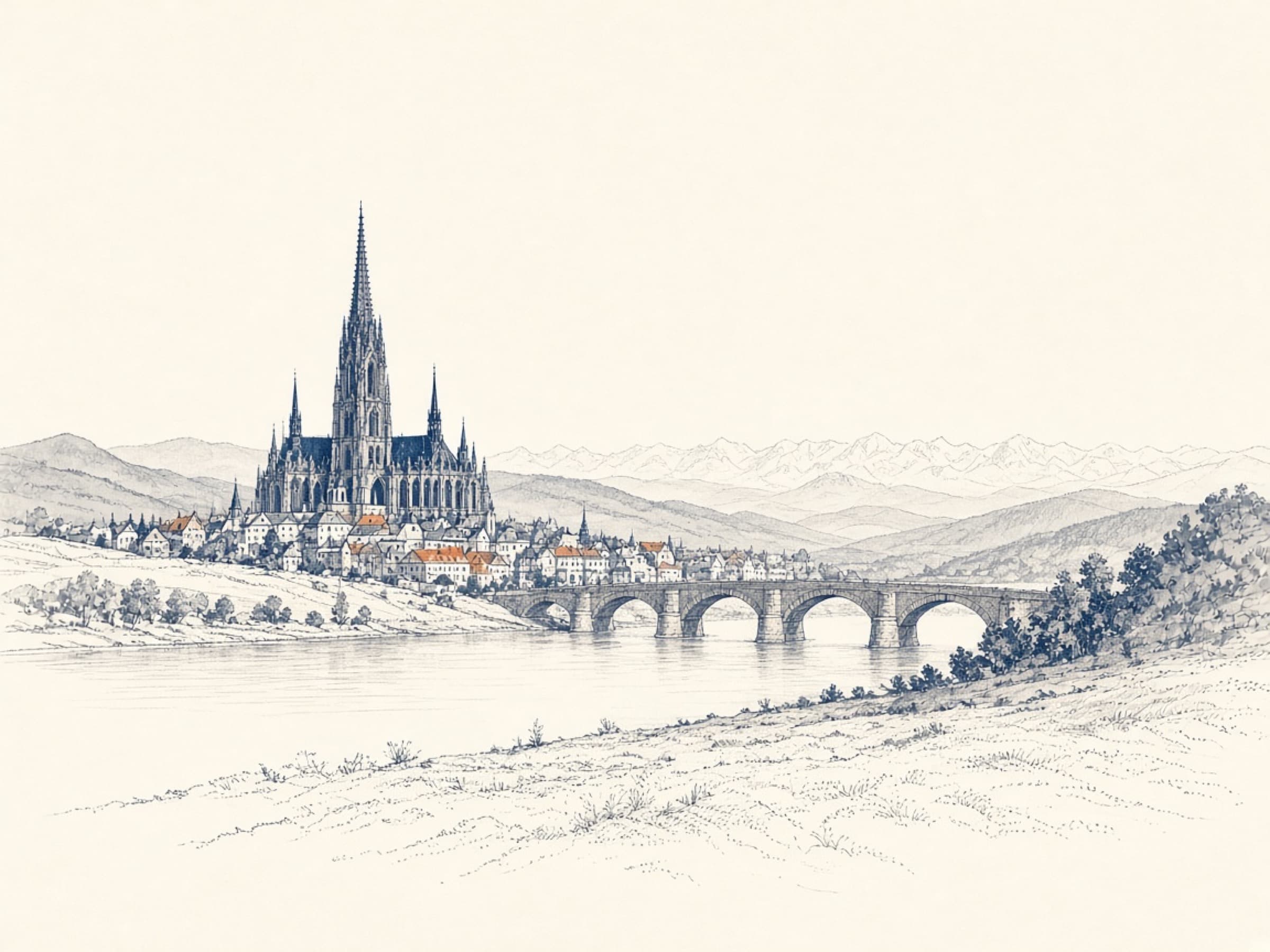 Zeichnung von Regensburg mit Dom, Steinbrücke und Donau